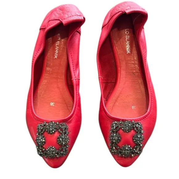 Manolo Blahnik Red Leather Crystal Embellished Vamp Ballet Flats Size 8