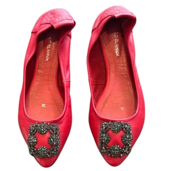 Manolo Blahnik Red Leather Crystal Embellished Vamp Ballet Flats Size 8