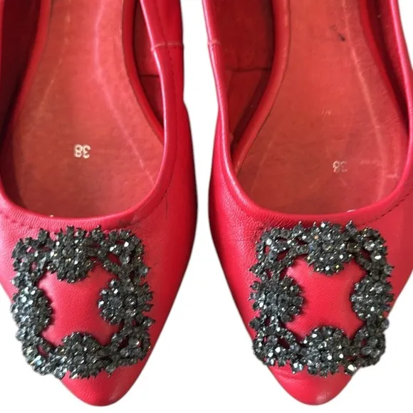 Manolo Blahnik Red Leather Crystal Embellished Vamp Ballet Flats Size 8