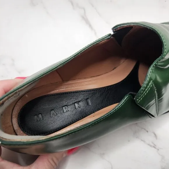 Marni Patent Leather Green Oxfords Dress Shoes Cold Cap Toe Loafers Women's 9 40