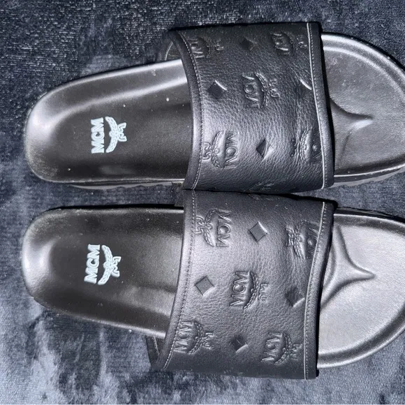 MCM Black Embossed Slides