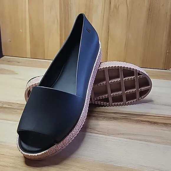 MELISSA SHOES PUZZLE BLACK OPEN-TOE SLIP ON PLATFORM LOAFERS SIZE 40 SCENTED