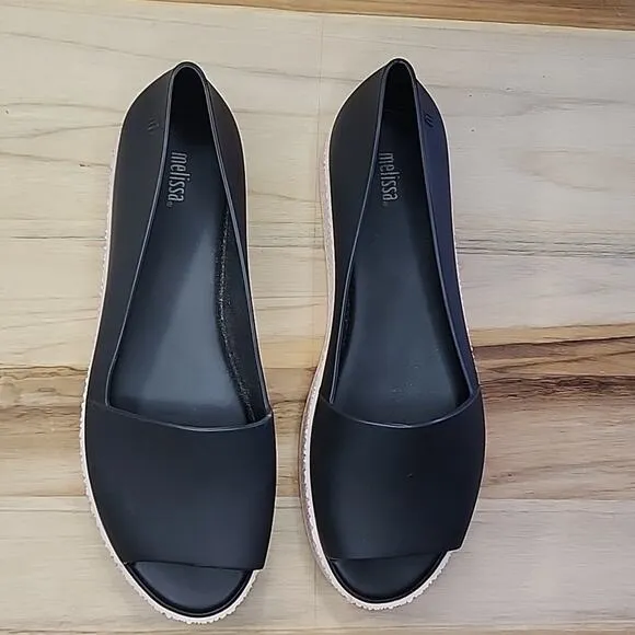 MELISSA SHOES PUZZLE BLACK OPEN-TOE SLIP ON PLATFORM LOAFERS SIZE 40 SCENTED