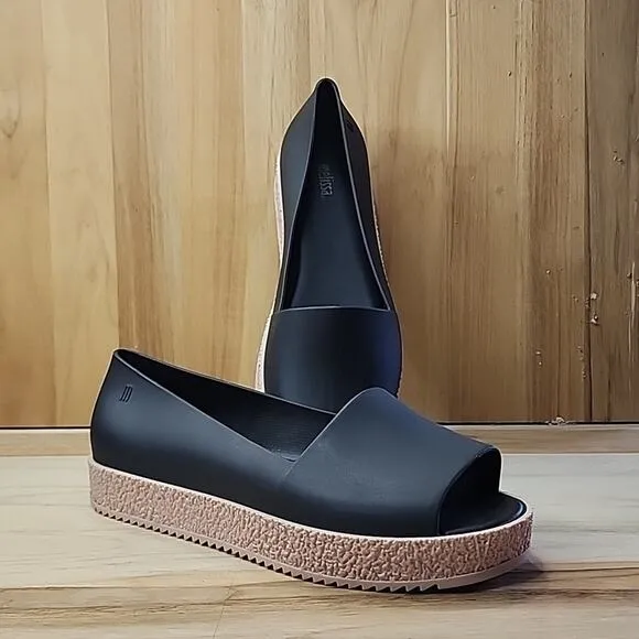 MELISSA SHOES PUZZLE BLACK OPEN-TOE SLIP ON PLATFORM LOAFERS SIZE 40 SCENTED