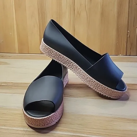 MELISSA SHOES PUZZLE BLACK OPEN-TOE SLIP ON PLATFORM LOAFERS SIZE 40 SCENTED