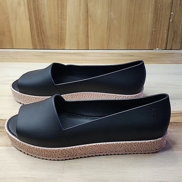 MELISSA SHOES PUZZLE BLACK OPEN-TOE SLIP ON PLATFORM LOAFERS SIZE 40 SCENTED