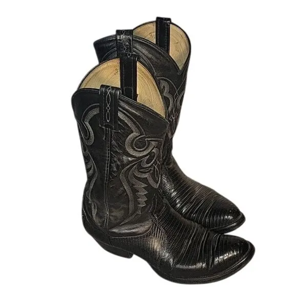 Mens Black Leather Cowboy Boots With Embroidered Western Design &amp; Pointed Toe Si