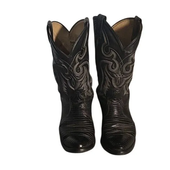 Mens Black Leather Cowboy Boots With Embroidered Western Design &amp; Pointed Toe Si