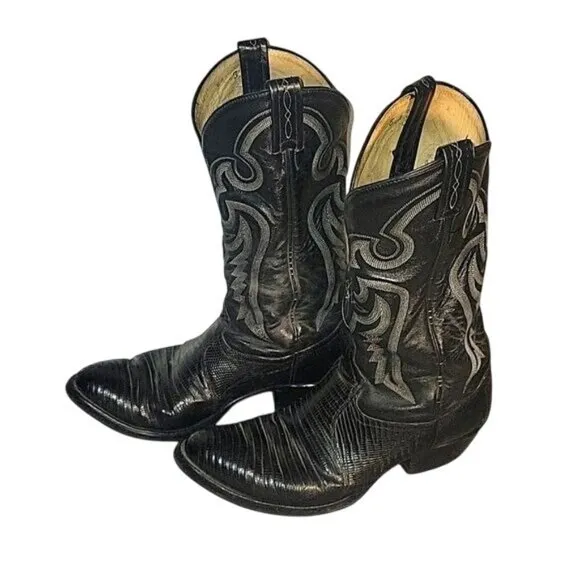 Mens Black Leather Cowboy Boots With Embroidered Western Design &amp; Pointed Toe Si