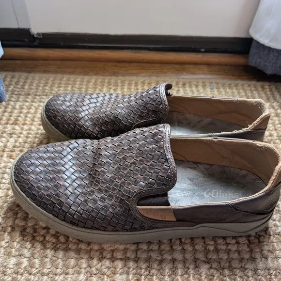 Mens OluKai Lae'ahi Lauhala Brown Leather Slip-On Shoes - Size 12