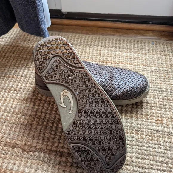 Mens OluKai Lae'ahi Lauhala Brown Leather Slip-On Shoes - Size 12