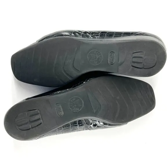 Mephisto Celka Croc Emboss Patent Black Leather Wedge Slip On Loafers Size 9.5