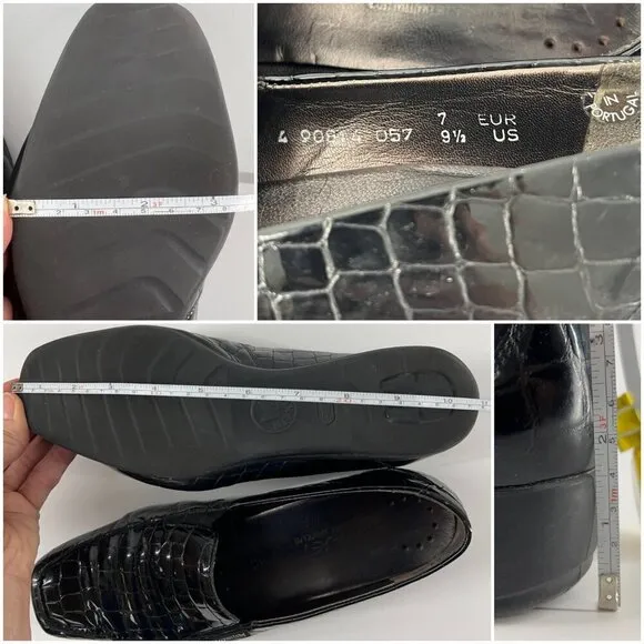 Mephisto Celka Croc Emboss Patent Black Leather Wedge Slip On Loafers Size 9.5