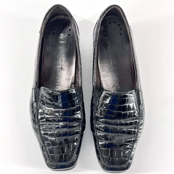 Mephisto Celka Croc Emboss Patent Black Leather Wedge Slip On Loafers Size 9.5