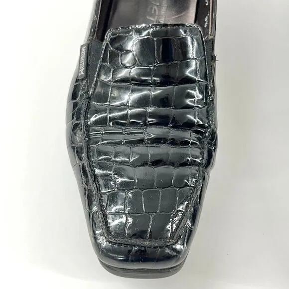 Mephisto Celka Croc Emboss Patent Black Leather Wedge Slip On Loafers Size 9.5