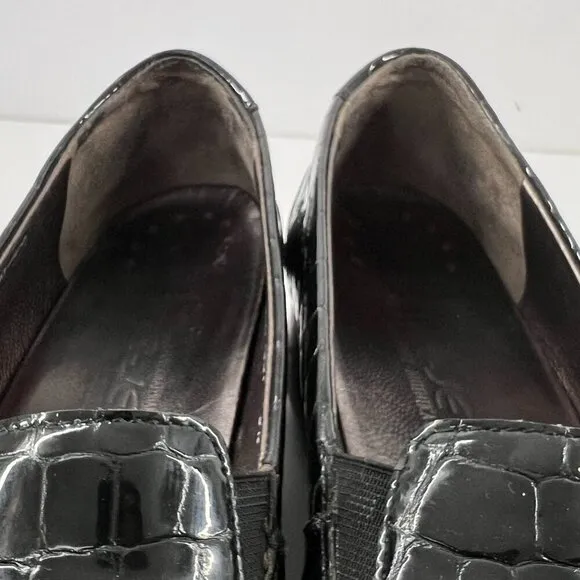 Mephisto Celka Croc Emboss Patent Black Leather Wedge Slip On Loafers Size 9.5