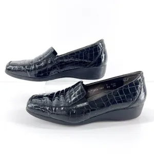 Mephisto Celka Croc Emboss Patent Black Leather Wedge Slip On Loafers Size 9.5