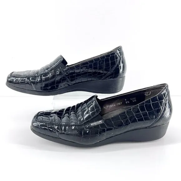 Mephisto Celka Croc Emboss Patent Black Leather Wedge Slip On Loafers Size 9.5