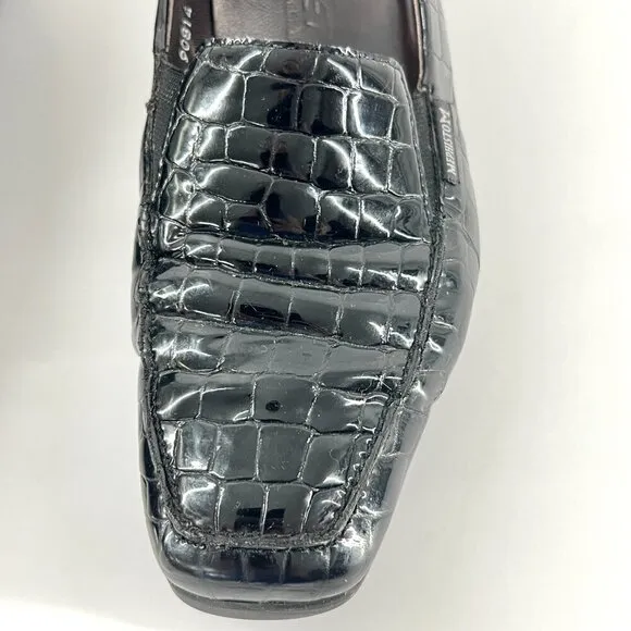 Mephisto Celka Croc Emboss Patent Black Leather Wedge Slip On Loafers Size 9.5