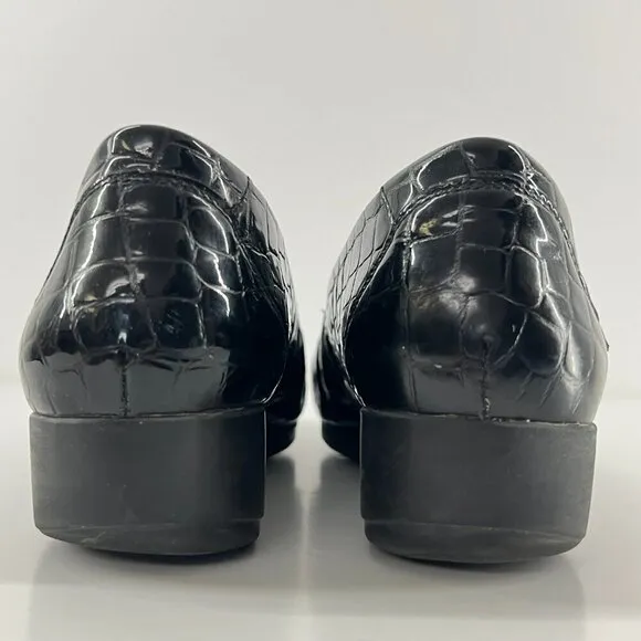 Mephisto Celka Croc Emboss Patent Black Leather Wedge Slip On Loafers Size 9.5