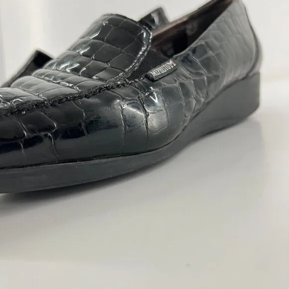 Mephisto Celka Croc Emboss Patent Black Leather Wedge Slip On Loafers Size 9.5