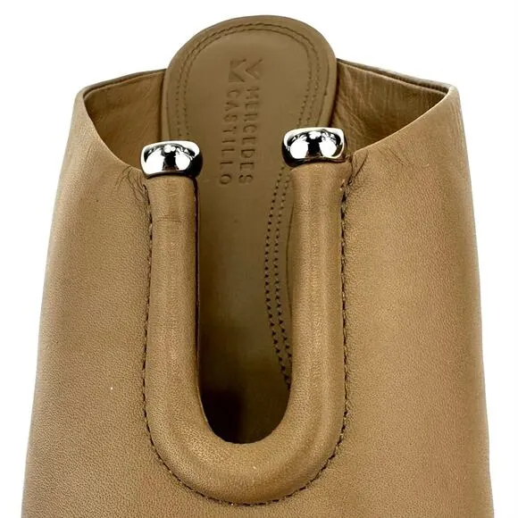 MERCEDES CASTILLO &quot;RAYVEN&quot; TAN LEATHER CUT-OUT ALMOND TOE SLIP-ON FLATS / MULES