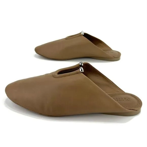 MERCEDES CASTILLO &quot;RAYVEN&quot; TAN LEATHER CUT-OUT ALMOND TOE SLIP-ON FLATS / MULES