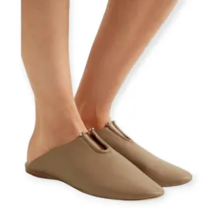 MERCEDES CASTILLO &quot;RAYVEN&quot; TAN LEATHER CUT-OUT ALMOND TOE SLIP-ON FLATS / MULES