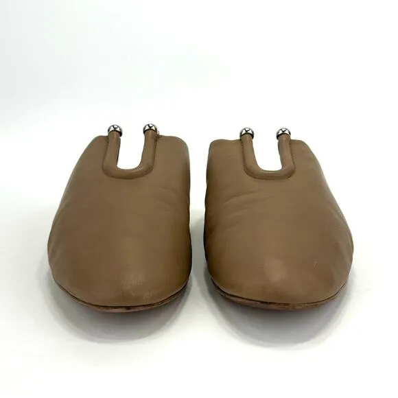 MERCEDES CASTILLO &quot;RAYVEN&quot; TAN LEATHER CUT-OUT ALMOND TOE SLIP-ON FLATS / MULES