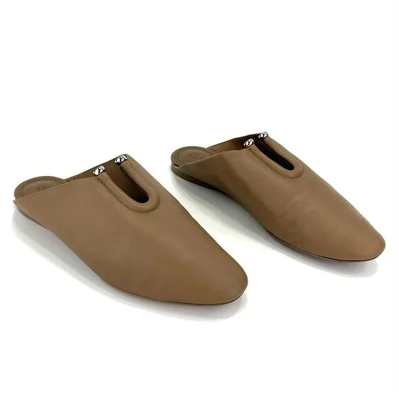 MERCEDES CASTILLO &quot;RAYVEN&quot; TAN LEATHER CUT-OUT ALMOND TOE SLIP-ON FLATS / MULES
