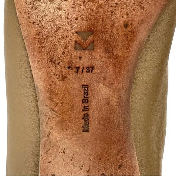 MERCEDES CASTILLO &quot;RAYVEN&quot; TAN LEATHER CUT-OUT ALMOND TOE SLIP-ON FLATS / MULES