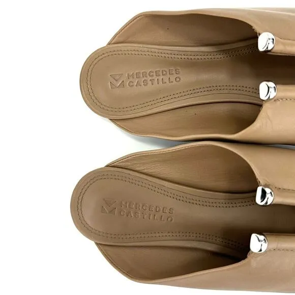 MERCEDES CASTILLO &quot;RAYVEN&quot; TAN LEATHER CUT-OUT ALMOND TOE SLIP-ON FLATS / MULES