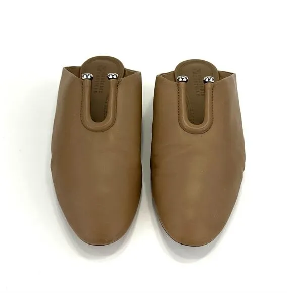 MERCEDES CASTILLO &quot;RAYVEN&quot; TAN LEATHER CUT-OUT ALMOND TOE SLIP-ON FLATS / MULES