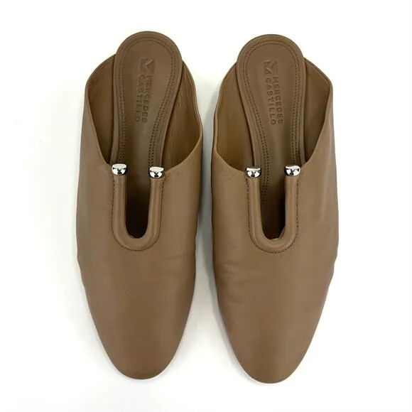 MERCEDES CASTILLO &quot;RAYVEN&quot; TAN LEATHER CUT-OUT ALMOND TOE SLIP-ON FLATS / MULES
