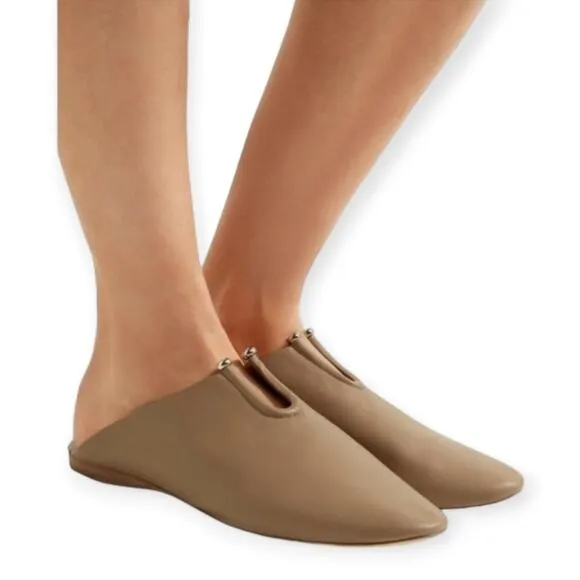 MERCEDES CASTILLO &quot;RAYVEN&quot; TAN LEATHER CUT-OUT ALMOND TOE SLIP-ON FLATS / MULES