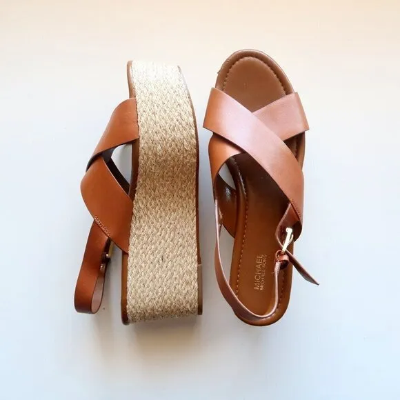 Michael Kors Brown Cris-crossed Sling-back Platform Espadrille Sandals Size 11