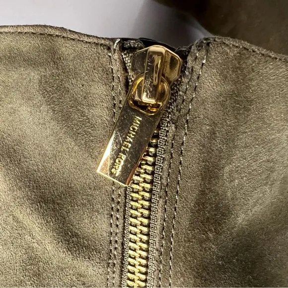 Michael Kors Sabrina Olive Green Suede Gold Accents Heel Ankle Boots 7