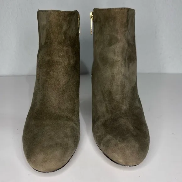 Michael Kors Sabrina Olive Green Suede Gold Accents Heel Ankle Boots 7