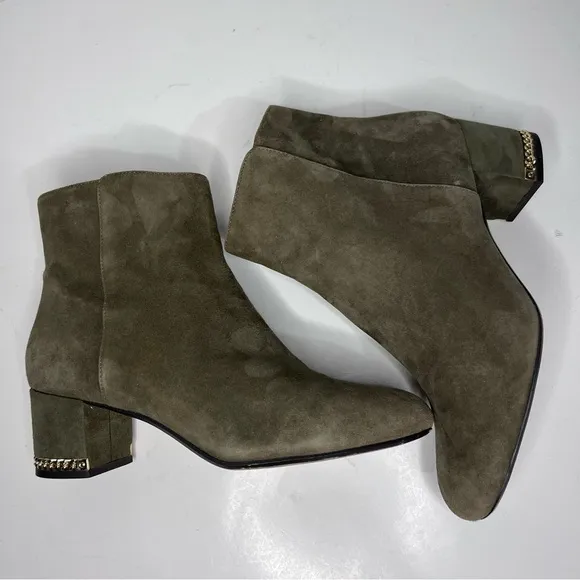 Michael Kors Sabrina Olive Green Suede Gold Accents Heel Ankle Boots 7