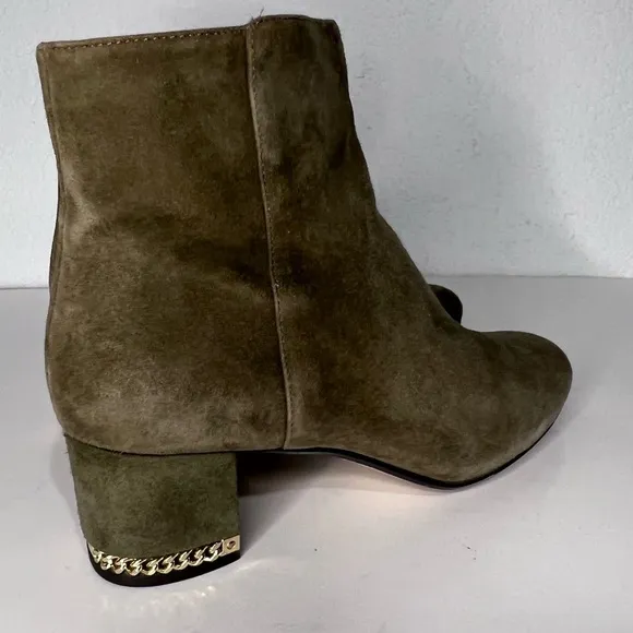 Michael Kors Sabrina Olive Green Suede Gold Accents Heel Ankle Boots 7