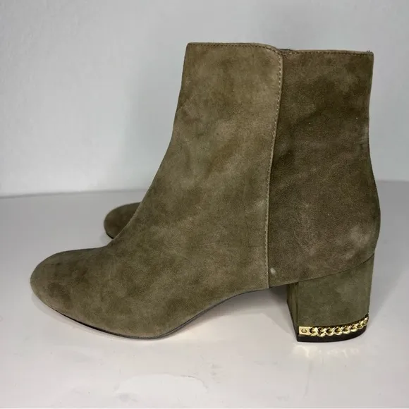 Michael Kors Sabrina Olive Green Suede Gold Accents Heel Ankle Boots 7