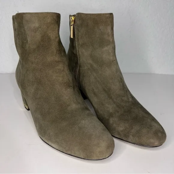 Michael Kors Sabrina Olive Green Suede Gold Accents Heel Ankle Boots 7