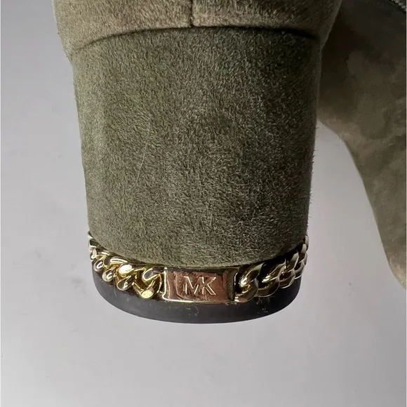 Michael Kors Sabrina Olive Green Suede Gold Accents Heel Ankle Boots 7