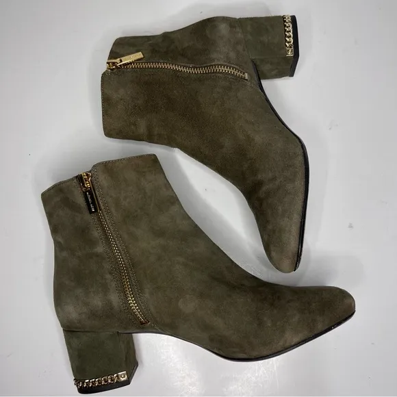 Michael Kors Sabrina Olive Green Suede Gold Accents Heel Ankle Boots 7