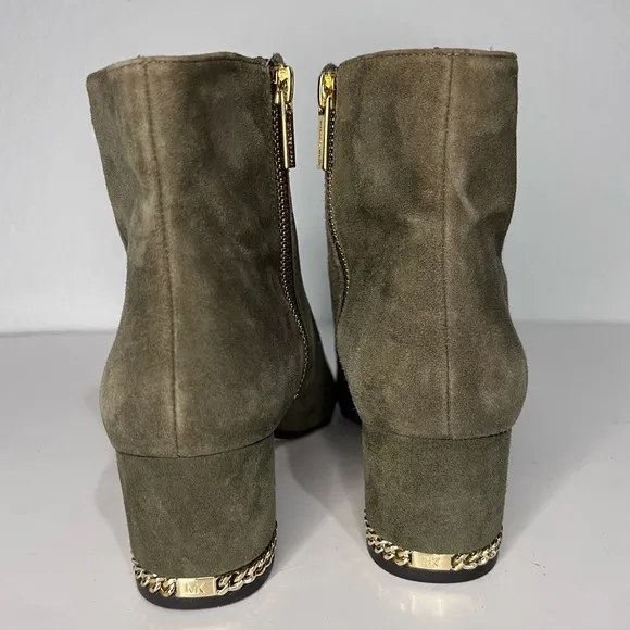 Michael Kors Sabrina Olive Green Suede Gold Accents Heel Ankle Boots 7