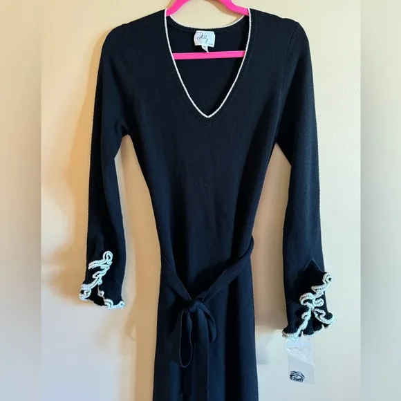 Milly Black Merino Wool V-Neck Sweater Midi Dress Ruffle Vintage Size Medium
