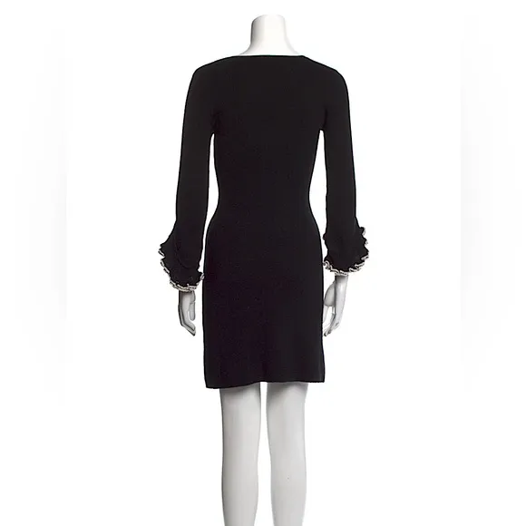 Milly Black Merino Wool V-Neck Sweater Midi Dress Ruffle Vintage Size Medium