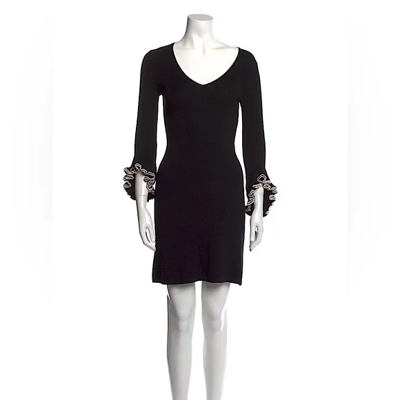 Milly Black Merino Wool V-Neck Sweater Midi Dress Ruffle Vintage Size Medium