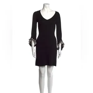 Milly Black Merino Wool V-Neck Sweater Midi Dress Ruffle Vintage Size Medium