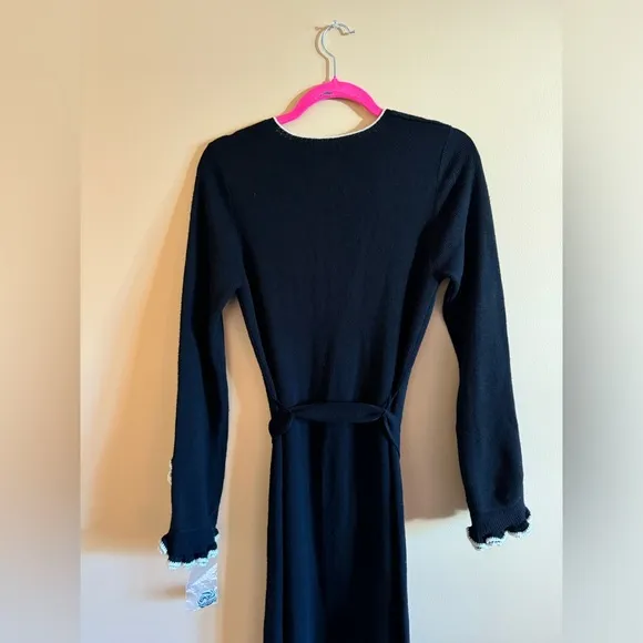 Milly Black Merino Wool V-Neck Sweater Midi Dress Ruffle Vintage Size Medium